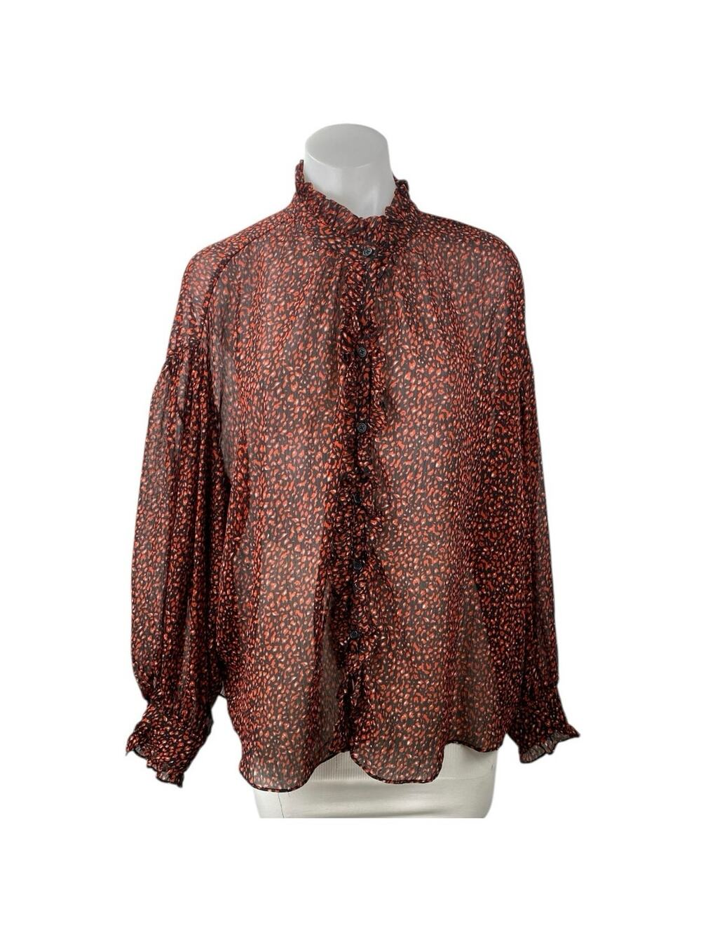 Mango MNG Brown Printed Ruffle Button Up Long Puff Sleeve Sheer Blouse Top Sz 4